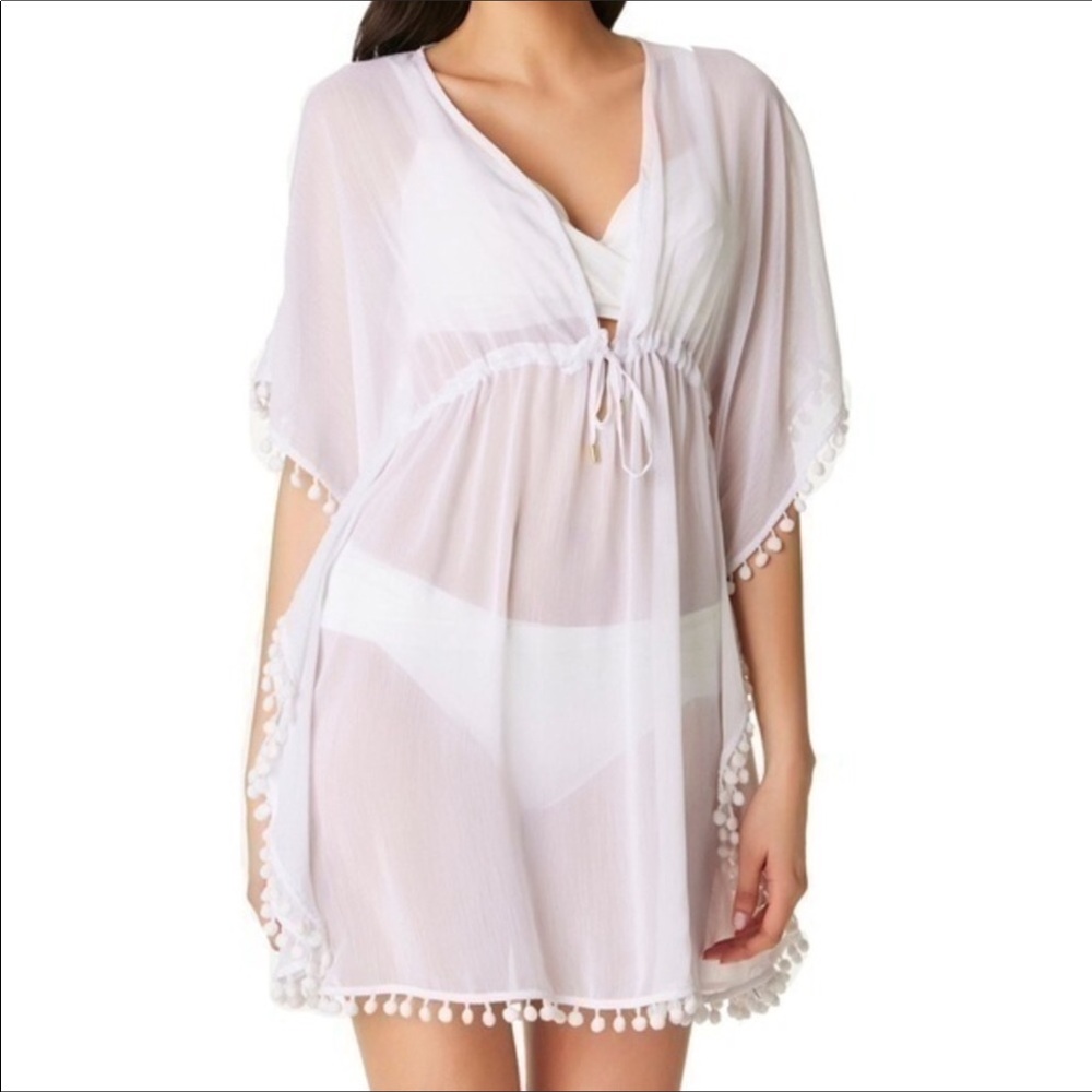 Bleu Rod Beattie White Pom Coverup Gypset Caftan